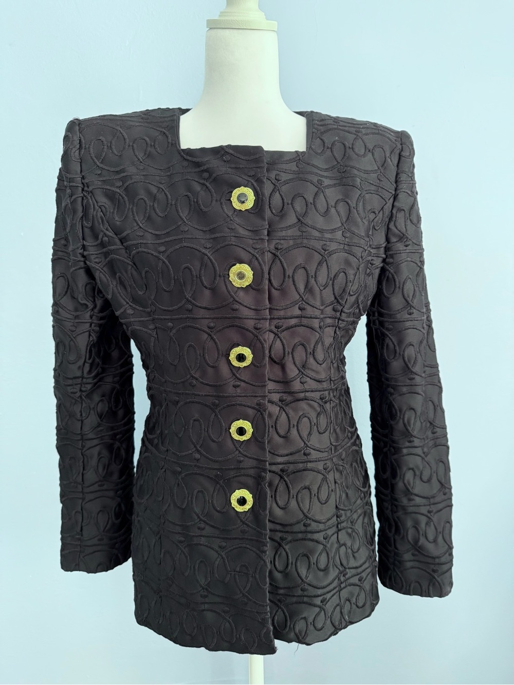 Vintage Victor Costa Lord & Taylor Black Textured Blazer Gold Buttons Sz Small